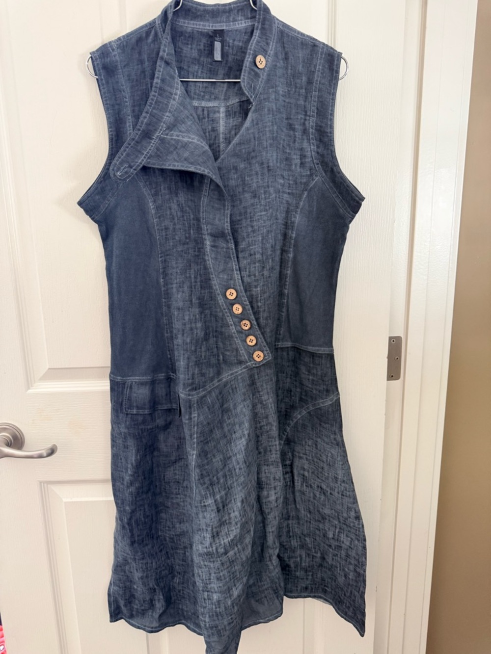 Sleeveless Washed Linen Denim-Style Blue Dress with Button Detail. Large